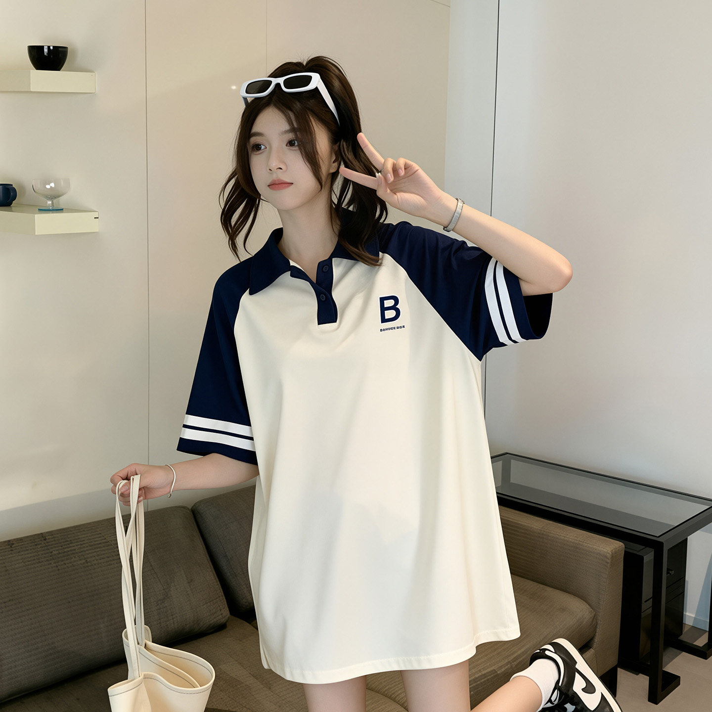 POLO领短袖T恤女夏季新款美式撞色休闲运动棒球服宽松显瘦上衣潮