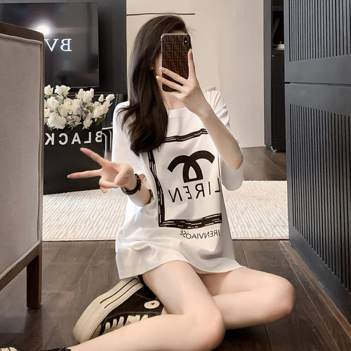 白色印花短袖t恤女美式设计感小众遮屁股减龄修身气质圆领上衣潮