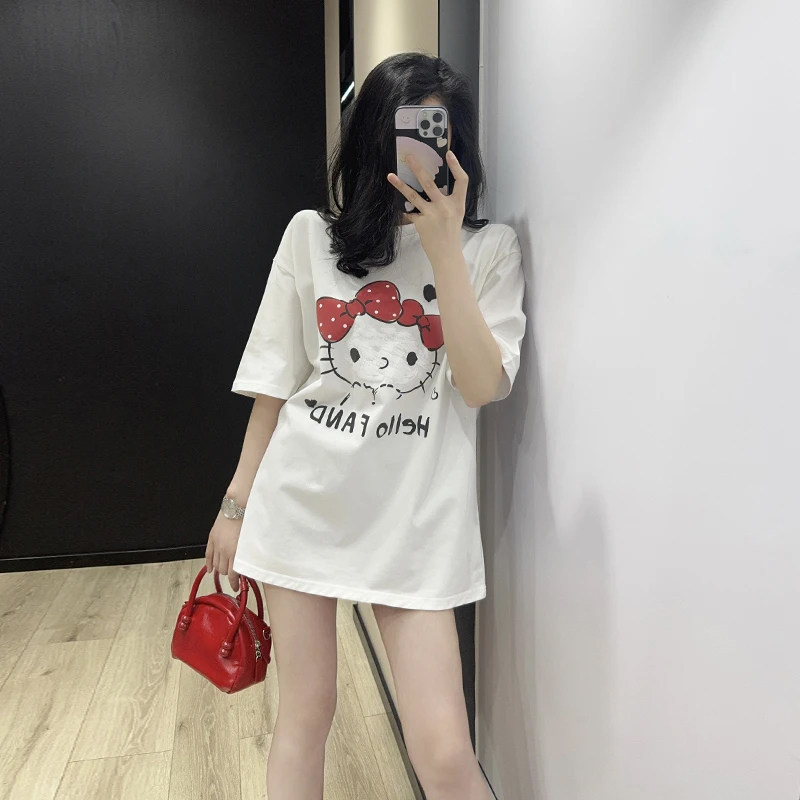 超火kt猫白色短袖t恤女夏季2026新款慵懒风中长款遮屁股宽松上衣
