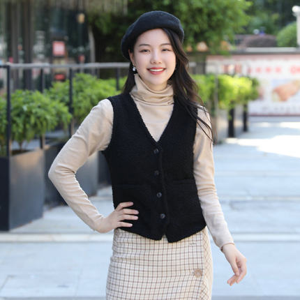 加绒马甲女内穿修身收腰秋冬季新款v领双面绒羊羔毛厚单排扣背心