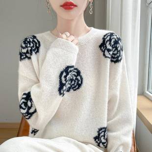 针织毛衣 手绣山茶花75%山羊绒25%桑蚕丝慵懒时尚 人间温柔 新款