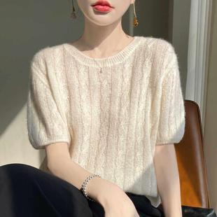 毛衣T恤麻花针织衫 女圆领半袖 温柔针织短袖 75%山羊绒25%桑蚕丝