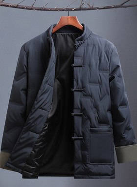 冬季中国风立领唐装羽绒服大码爸爸装中年男士白鸭绒中式保暖外套