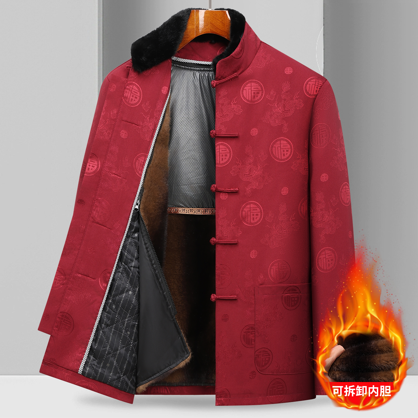 冬季中老年男士中式唐装加绒加厚棉衣大码宽松爸爸装可脱卸棉服男