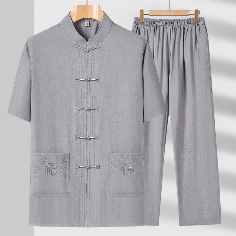 夏季中老年男士纯棉短袖唐装套装大码爸爸装休闲刺绣中国风两件套,男装,唐装,淘宝优惠券,粉丝福利购,淘宝优惠卷
