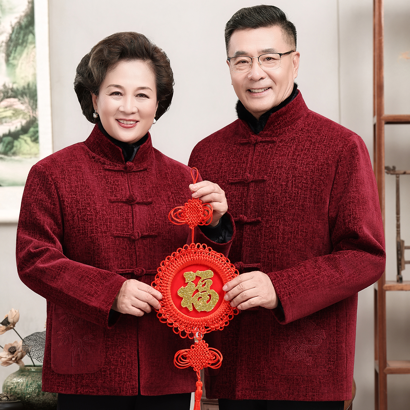 可脱卸内胆中老年爸爸妈妈情侣装中式唐装棉衣男女中国风棉服外套