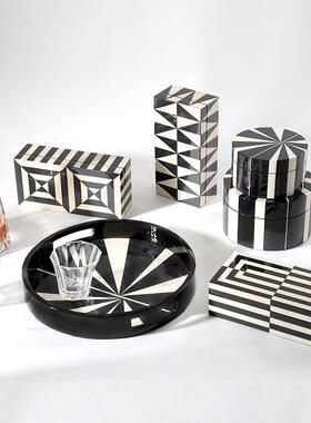 现代样板间软装木质家居摆件黑白条纹收纳衣帽间首饰盒托盘摆件