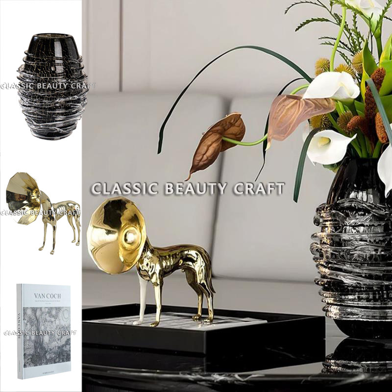 样板间客厅茶几装饰喇叭狗琉璃花瓶装饰书托盘组合家具展厅饰品