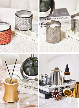 样板房轻奢金属皮革香薰蜡烛摆件客厅香氛装饰品餐厅卧室酒店摆设