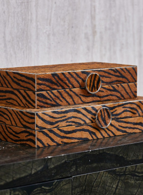 样板间木质马毛豹纹储物盒衣帽间首饰盒相框托盘组合装饰家居摆件