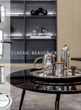 现代样板间厨房吧台餐厅咖啡主题摆件轻奢不锈钢摩卡壶高端组合