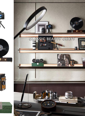 样板间书房书柜相机模型摆件摄影主题装饰品软装配饰复古唱片机