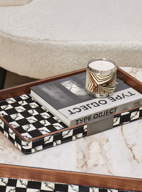 样板间售楼处胡桃木色皮革托盘棋盘格桌面收纳盘装饰品茶几摆件