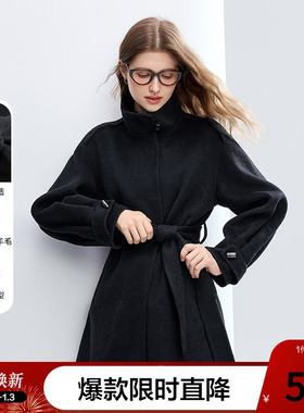 betu百图黑色立领纯羊毛呢子大衣女2025年冬季新款双面呢外套