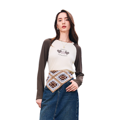 betu百图插肩袖小心心印花T恤女2025年秋季新款百搭上衣打底衫