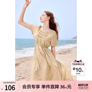 betu百图莱赛尔泡泡袖高腰连衣裙2026年夏季新款方领收腰中长裙