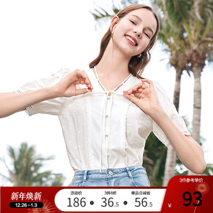 新款 2025年夏季 纯棉气质衬衣 女短袖 betu百图白色设计感V领衬衫