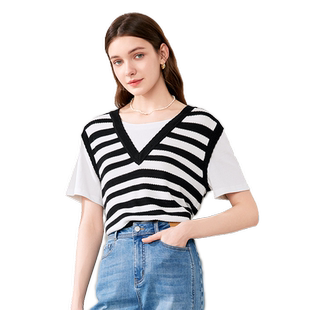 betu百图女装2025年夏季新款假两件短袖T恤女百搭黑白条纹上衣