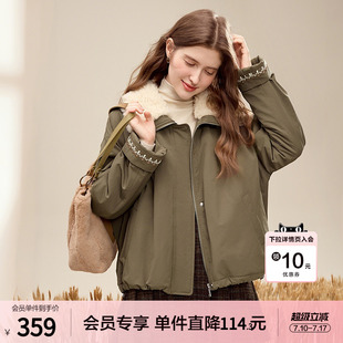 betu百图军绿色拼接毛领加厚棉衣外套女2025年冬季新款保暖棉袄