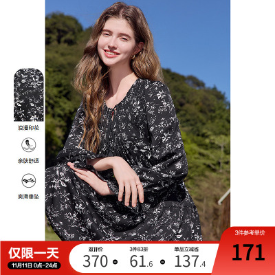 betu百图黑色系带圆领碎花裙女连衣裙2025年秋季新款宽松印花裙