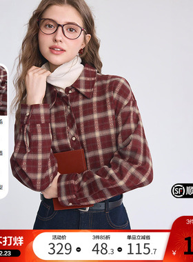 betu百图氛围感红色磨毛格子衬衫女2025年冬季新款洋气减龄衬衣