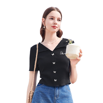 betu百图黑色短款显瘦T恤女2025年夏季新款修身短袖V领正肩上衣