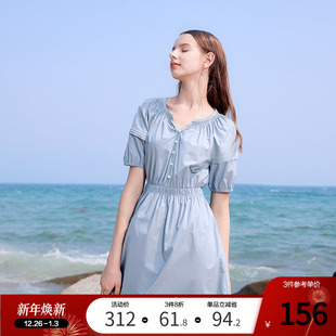 高腰桔梗裙中长裙 新款 betu百图蓝色气质泡泡袖 连衣裙2025年夏季