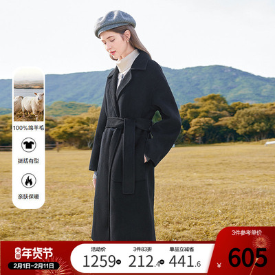 betu百图黑色全羊毛双面呢大衣女2025年冬季新款中长款毛呢外套