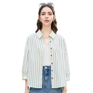 betu百图女装2025年夏季新款竖条纹纯棉通勤七分袖衬衫衬衣上衣