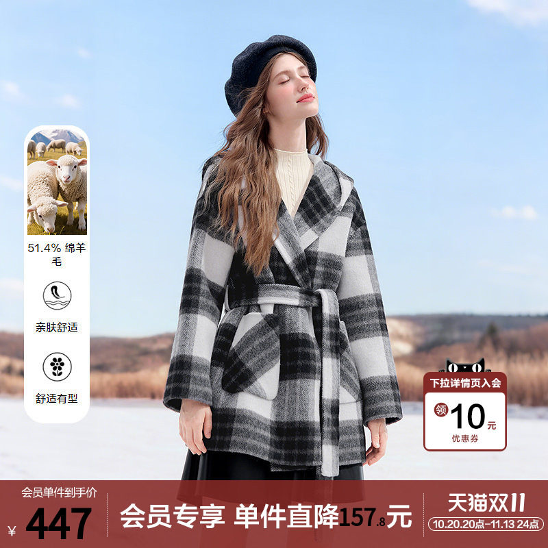 betu百图黑白格羊毛双面呢外套女2025年冬季新款中长款呢子大衣