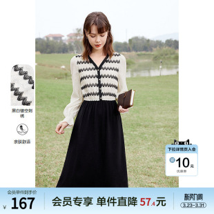 假两件V领法式 新款 条纹拼接黑色连衣裙 2026年春装 betu百图女装