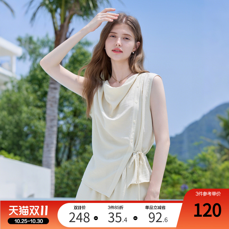 betu百图法式设计感荡领系带无袖衬衫女2025年夏季新款显瘦衬衣