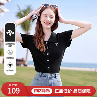 上衣 短袖 betu百图黑色小香风蝴蝶结Polo领T恤女2025年夏季 新款