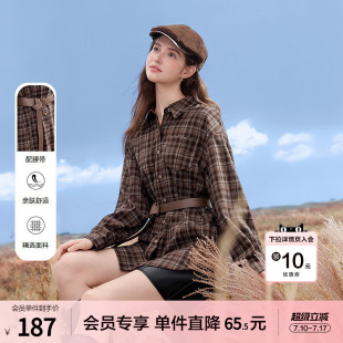 betu百图复古英伦风格子衬衫女长袖2026年春季新款配腰带格仔衫
