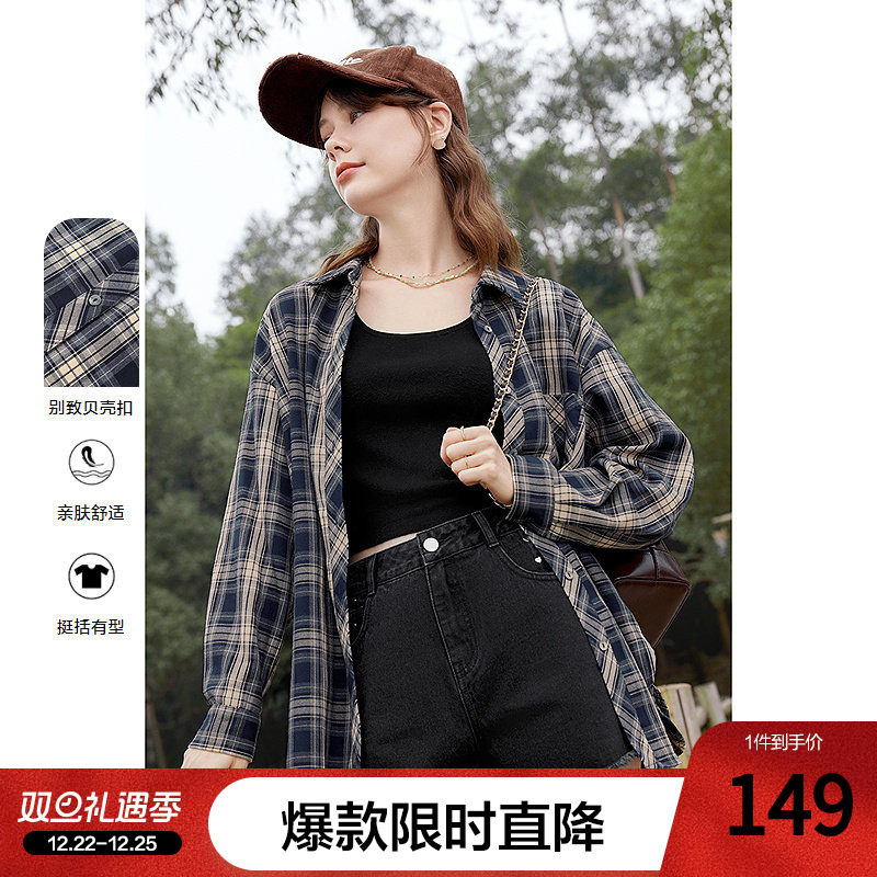 百图复古格子设计感衬衫