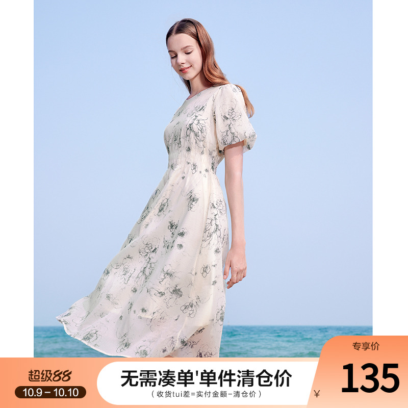 百图泡泡袖高腰印花连衣裙2025年夏季新款仙气雪纺裙中长裙