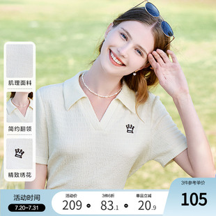 短袖 betu百图女装 卡通绣花通勤简约V领POLO衫 2024年夏季 T恤 新款
