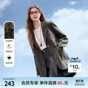 休闲西服 新款 betu百图复古英伦风绿色格纹西装 外套女2026年春季