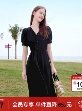 betu百图黑色V领泡泡袖连衣裙女2026年夏季新款法式中长小黑裙