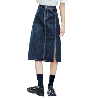 百图开叉包臀中长款牛仔半身裙