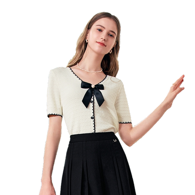 betu百图法式小香风蝴蝶结V领针织衫女2025年夏季新款短款上衣