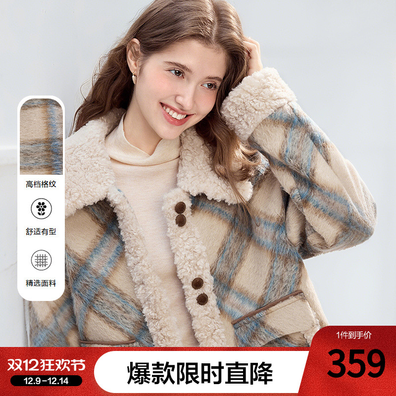 betu百图复古拼接格子仿羊羔绒外套女2025年冬季新款加厚呢大衣