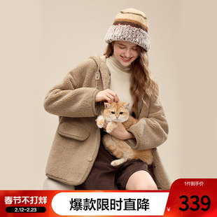 betu百图仿羊羔绒加厚连帽外套女2025年冬季新款拉链抓绒夹克