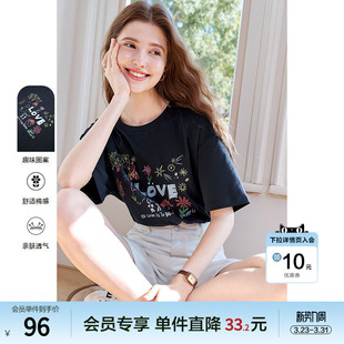 深蓝色体恤上衣小衫 新款 2025年夏季 betu百图趣味印花T恤女短袖