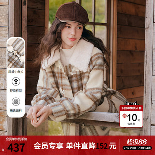 betu百图毛领牛角扣格子毛呢外套女2025年冬季新款加厚呢子大衣