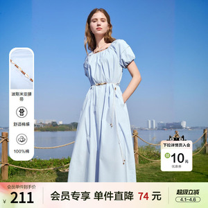 betu百图灯笼袖U领海盐蓝连衣裙2025年夏季新款纯棉短袖连身裙