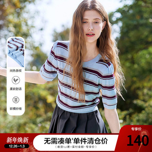 短袖 新款 毛线衣 女套头2025年夏季 betu百图复古miu系条纹针织衫
