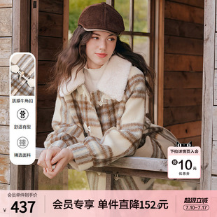 betu百图毛领牛角扣格子毛呢外套女2025年冬季新款加厚呢子大衣