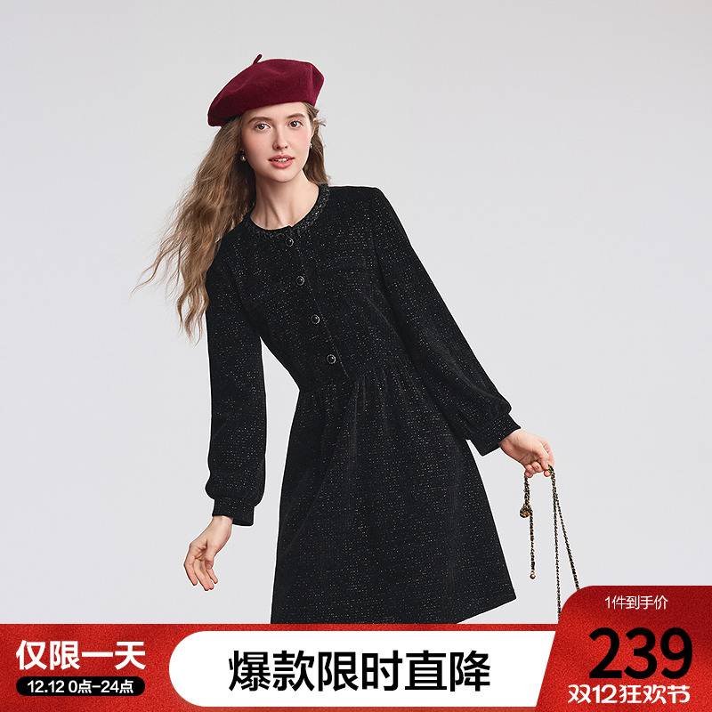 betu百图高级感小香风收腰连衣裙女2025年冬季新款赫本风小黑裙