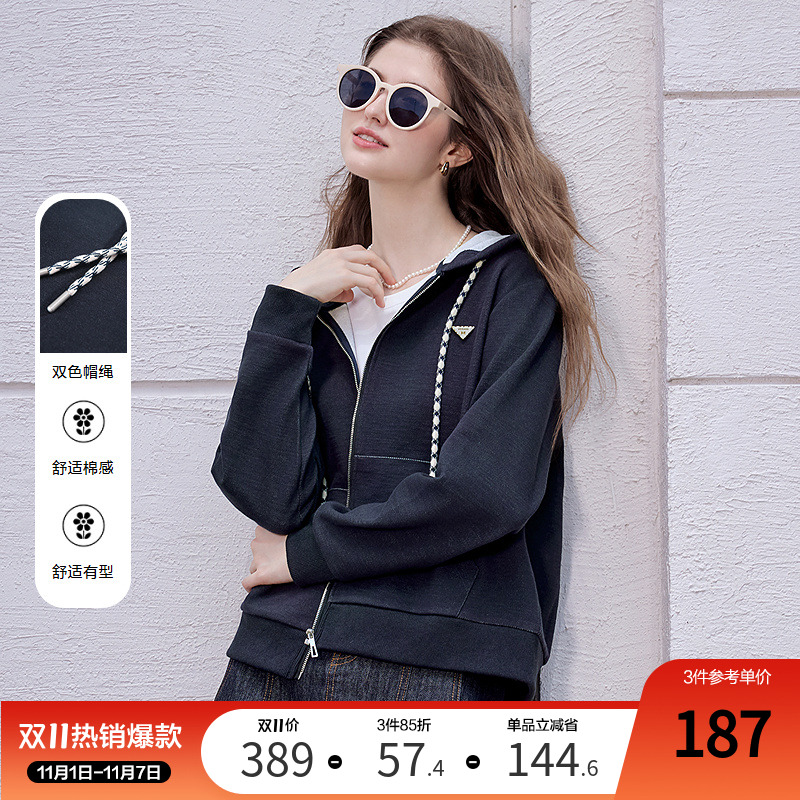 betu百图复古宝蓝色连帽卫衣外套女2025年秋季新款短款拉链夹克